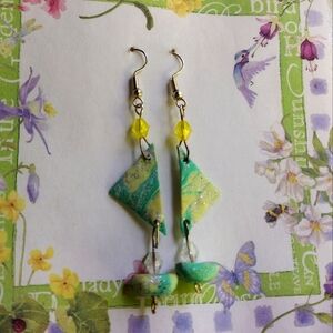 Handmade green and yellow clay beaded earrings